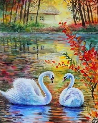 лебеди - лебеди, домик, картина, озеро - оригинал
