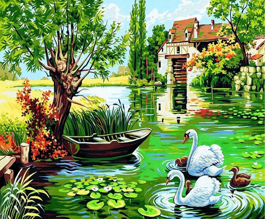 лебеди - домик, лебеди, картина, озеро - оригинал