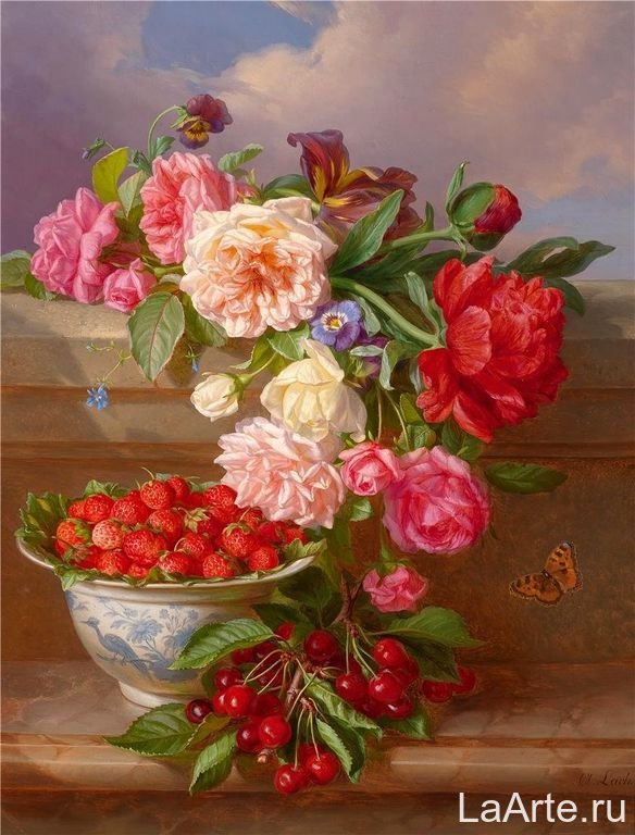 Roses and Strawberries - натюрморт, картина, розы, клубника - оригинал