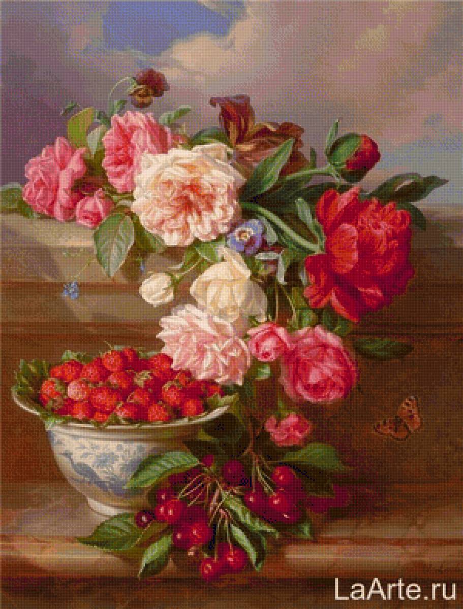 Roses and Strawberries - картина, натюрморт, клубника, розы - предпросмотр