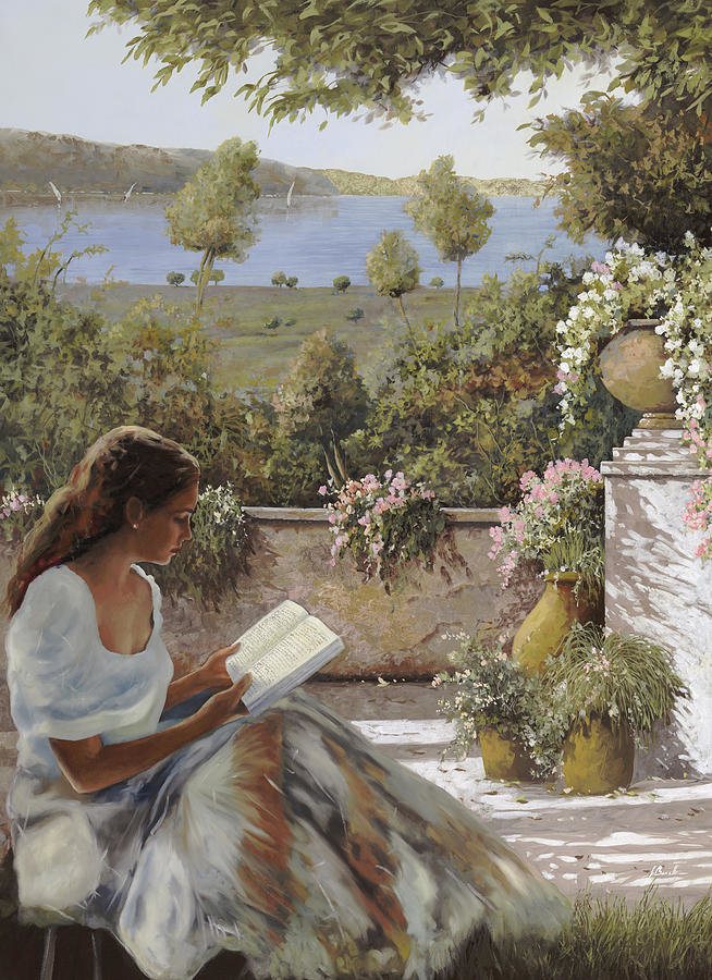 Reading in the shade of tree. - guido borelli painter.seascapes.ladies.flowers and gardens. - оригинал