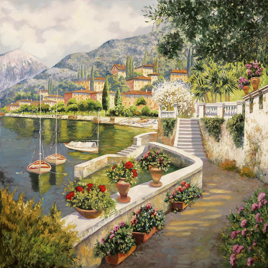 Mooring at Bellagio. - guido borelli painter.scenarys.flowers and gardens. - оригинал