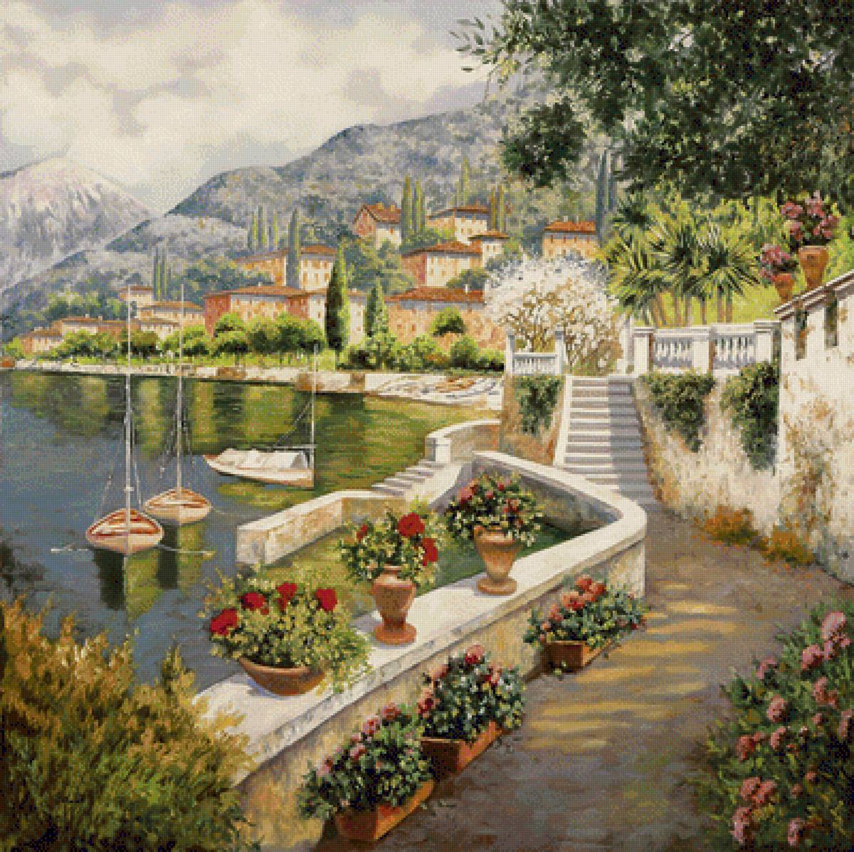 Mooring at Bellagio. - guido borelli painter.scenarys.flowers and gardens. - предпросмотр