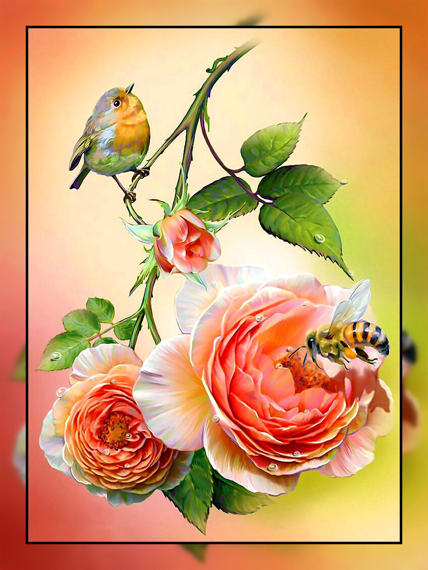 Розы и птичка. - птичка, розы, цветы, пчела. - оригинал