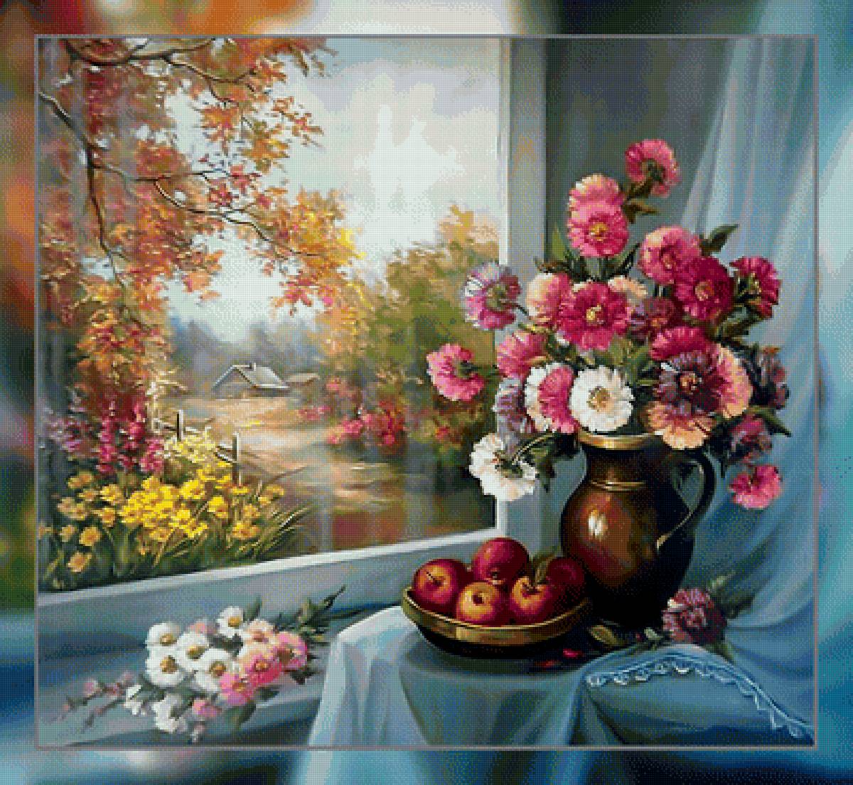 Цветы на окне. - натюрморт, окно., пейзаж, яблоки, цветы - предпросмотр