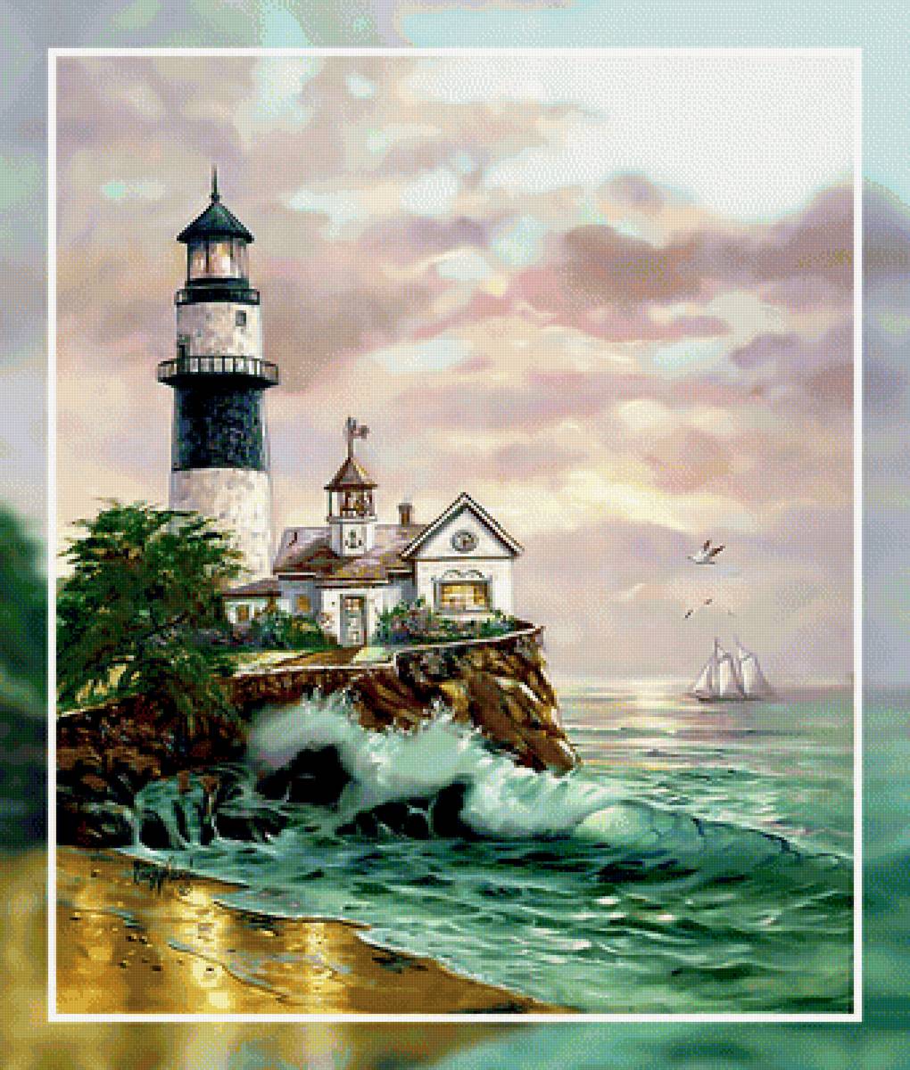 Маяк. - живопись., море, корабль, пейзаж, волны, маяк - предпросмотр