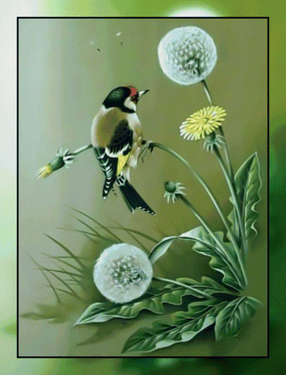 Синица и одуванчики. - птицы, одуванчики., синица - предпросмотр