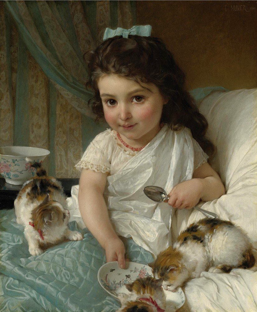 Эмиль Мунье "Завтрак"-2 - котята, художники, картина, девочка - оригинал