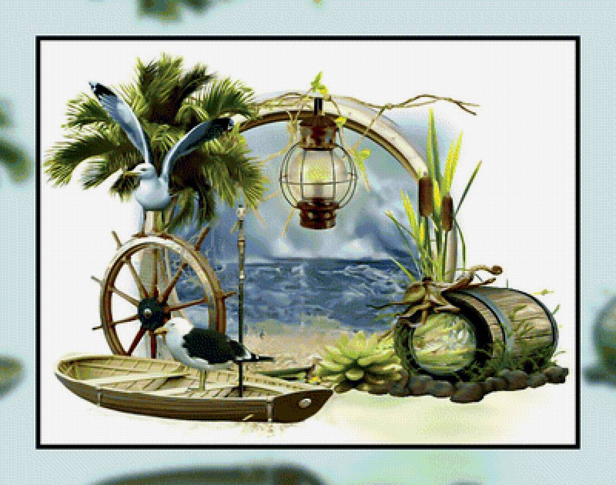 Морская тематика. - лодка, море, фонарь, чайки, штурвал. - предпросмотр