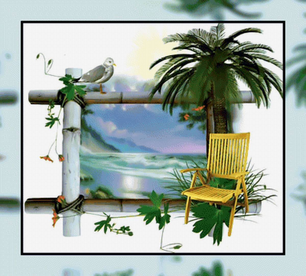 Морская тематика. - стул, пальма, море., чайка - предпросмотр
