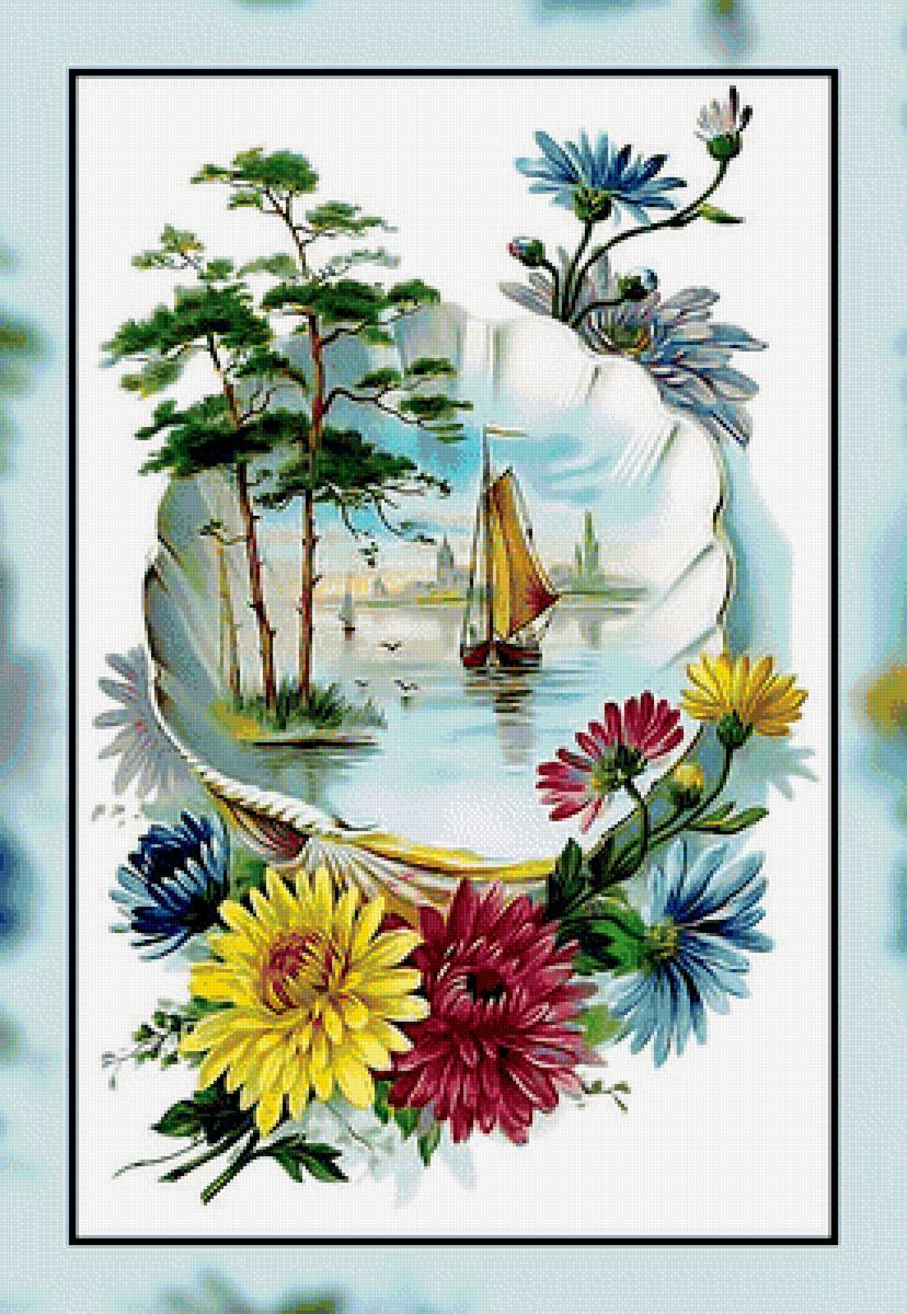 Морская тематика. - парусник, пейзаж., цветы, чайки, море, сосны - предпросмотр