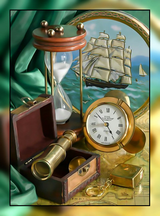 В каюте капитана. - парусник, шкатулка, песочные, иллюминатор, подзорная труба, часы - оригинал