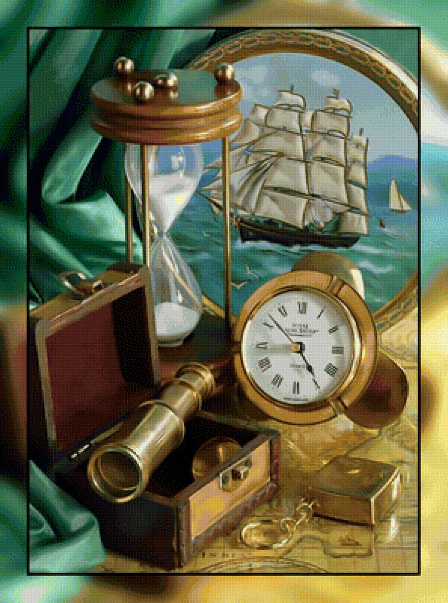 В каюте капитана. - песочные, иллюминатор, часы, подзорная труба, шкатулка, парусник - предпросмотр