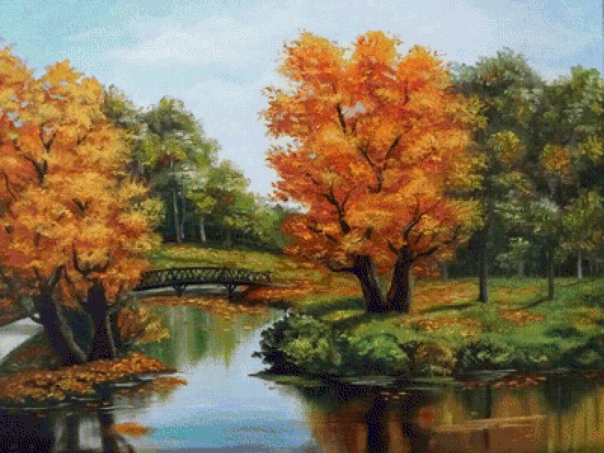 осенний пейзаж - река, природа, мостик, пейзаж, осень - предпросмотр