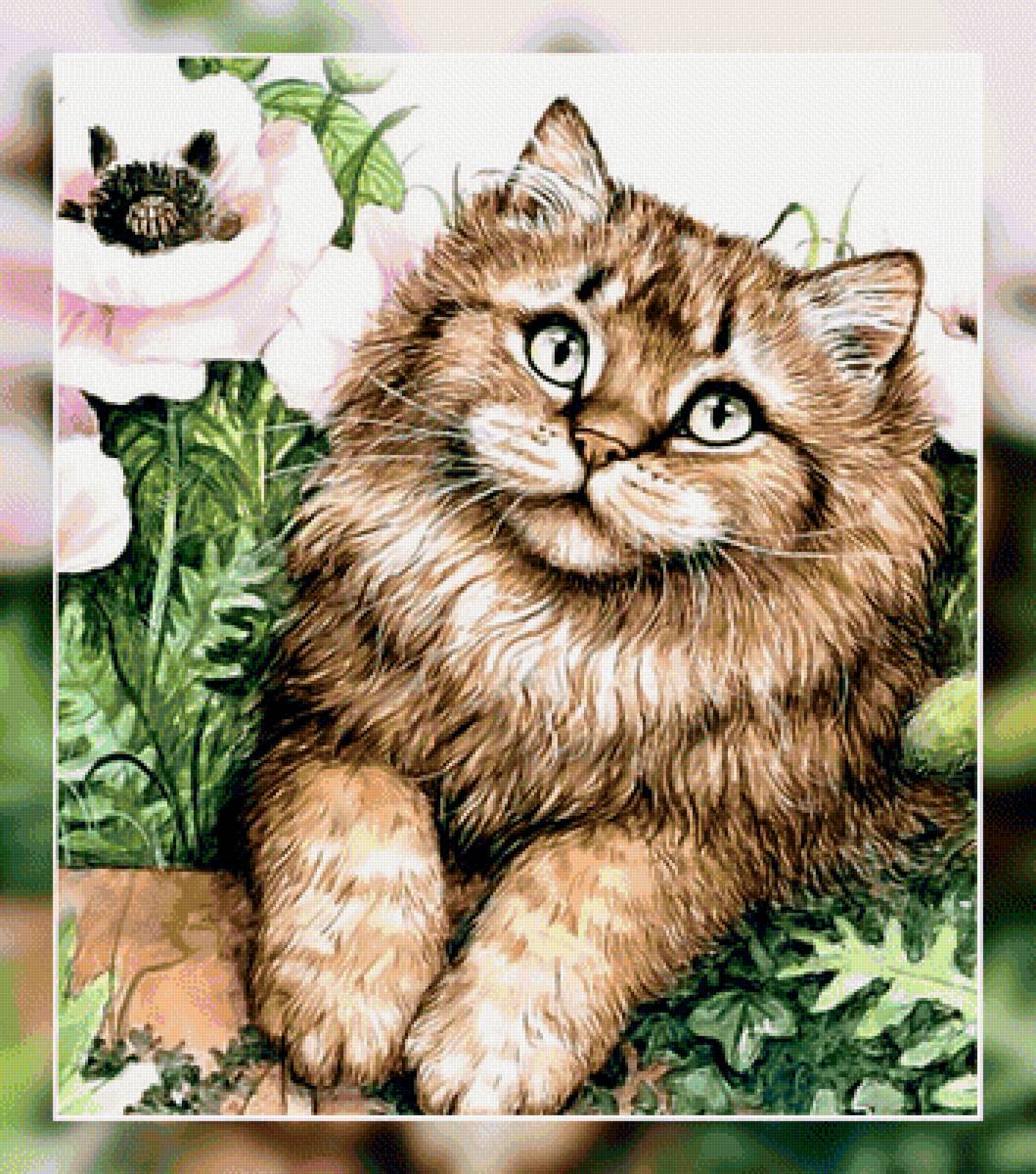 Киска. - кошка, цветы. - предпросмотр