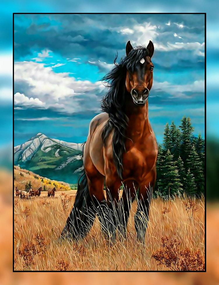 Мустанг. - конь, лошади, лес., стадо, горы, пейзаж - оригинал