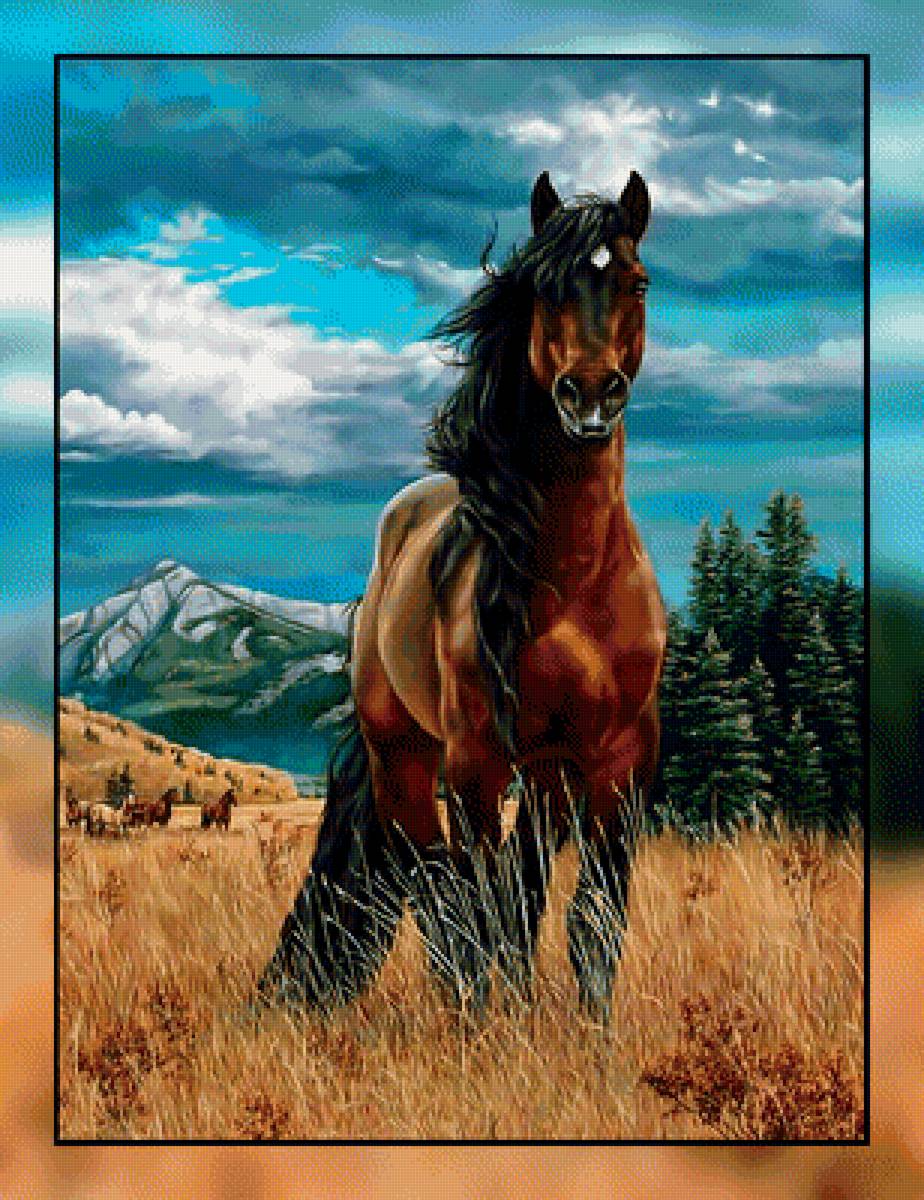 Мустанг. - лес., горы, лошади, конь, пейзаж, стадо - предпросмотр