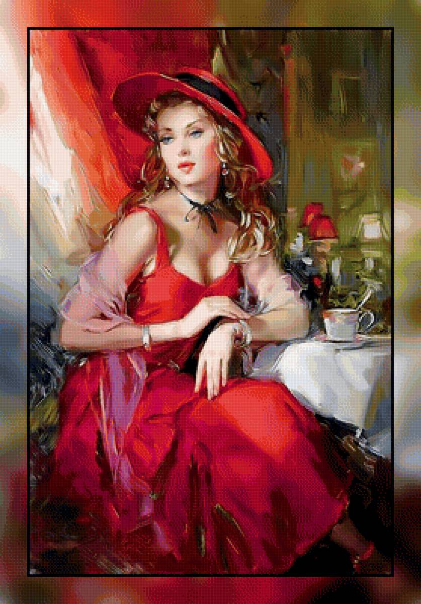 Прекрасная женщина от Константина Разумова. - красное, картина, девушка, платье, шляпка, живопись. - предпросмотр