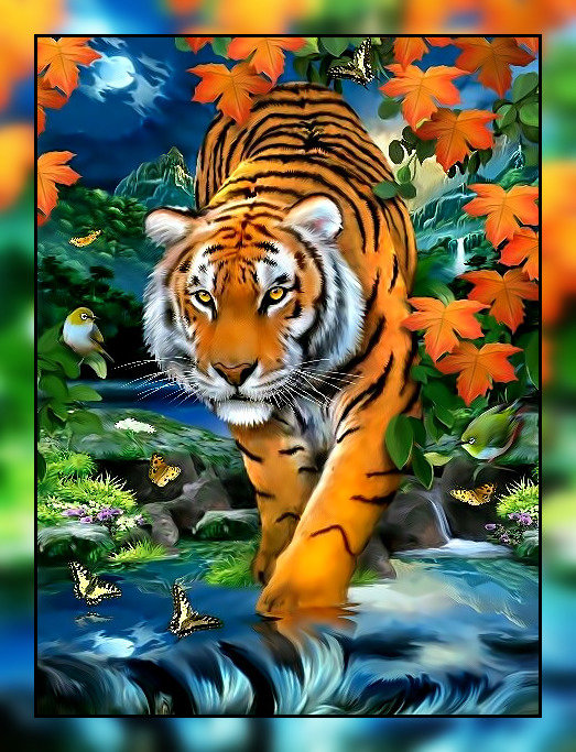 Тигр. - бабочки., хищник, джунгли, птицы, тигр - оригинал