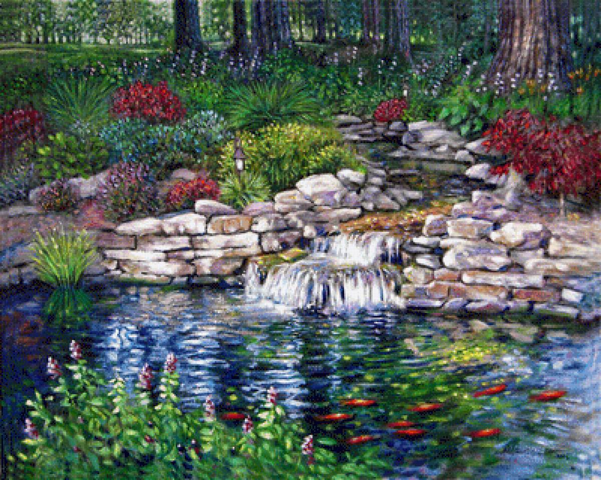 Flowers and Fishes by a Pond. - scenarys.flowers and gardens.fishes. - предпросмотр