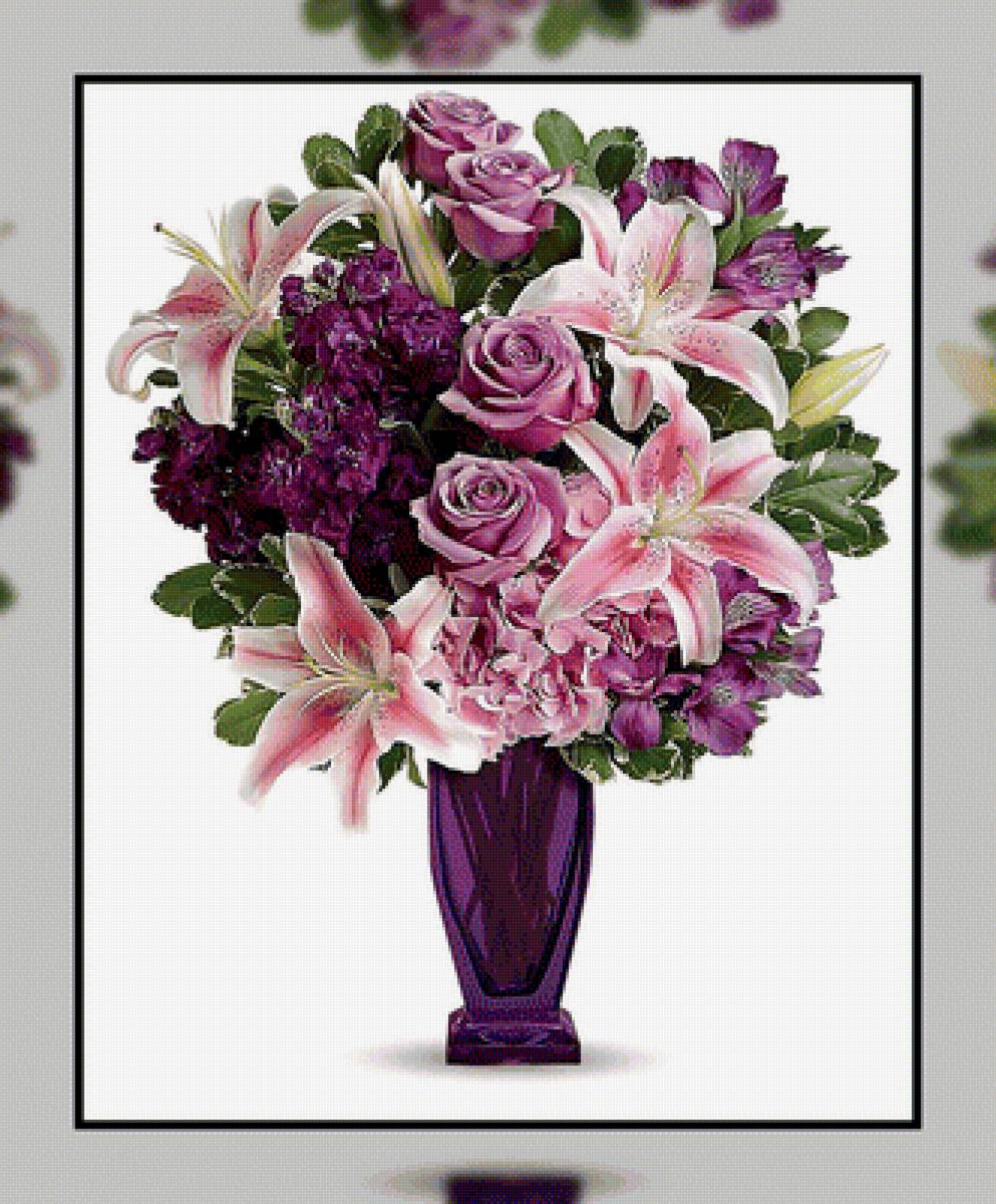 Розы и лилии. - букет, лилии., ваза, цветы, розы - предпросмотр