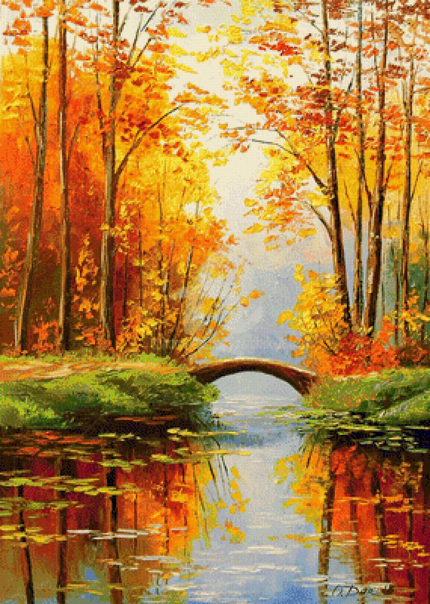 Осень - картина, осень, мостик, река - предпросмотр