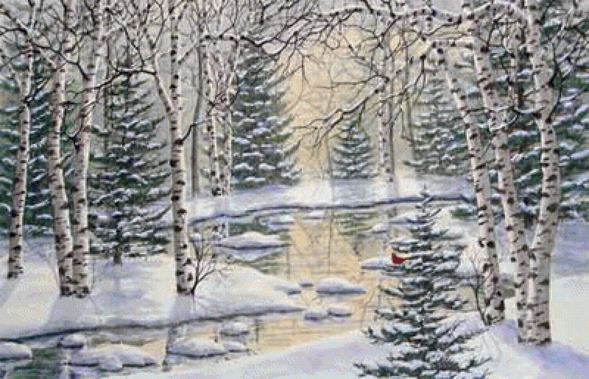 зимний лес - зима, елки, природа, березки, лес, пейзаж, река - предпросмотр