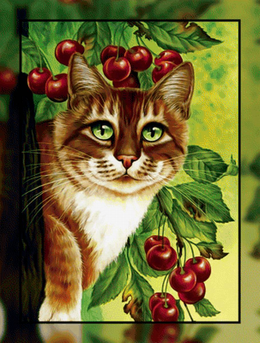 Кот и вишни. - вишни, ягоды., кот - предпросмотр