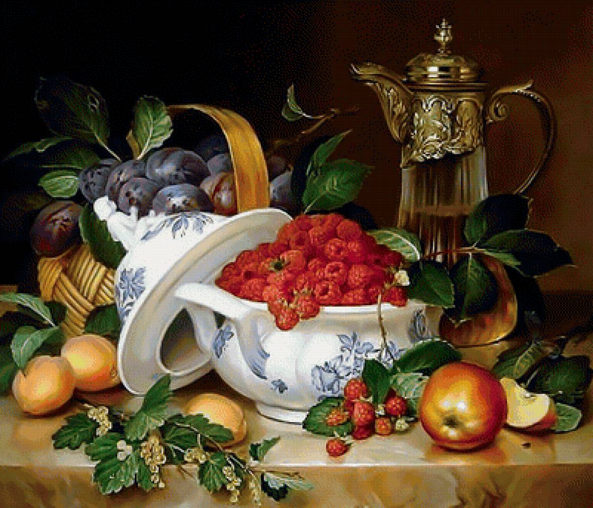 Натюрморт. - малина, ягоды, абрикос., слива, натюрморт, фрукты - предпросмотр