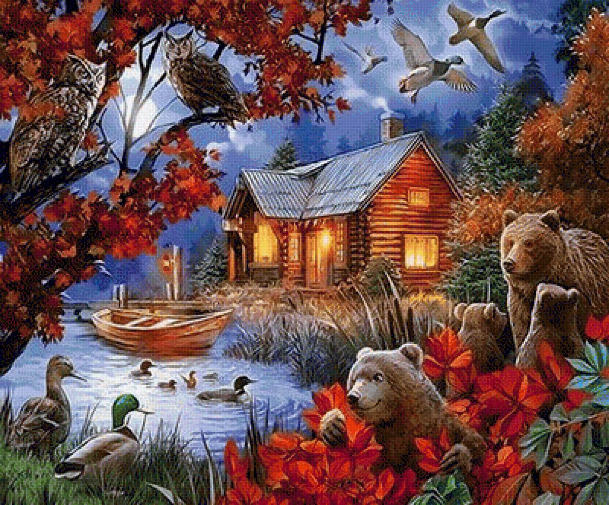 №1948587 - мишки, вечер, утки, домик, осень, лодка, совы, река - предпросмотр
