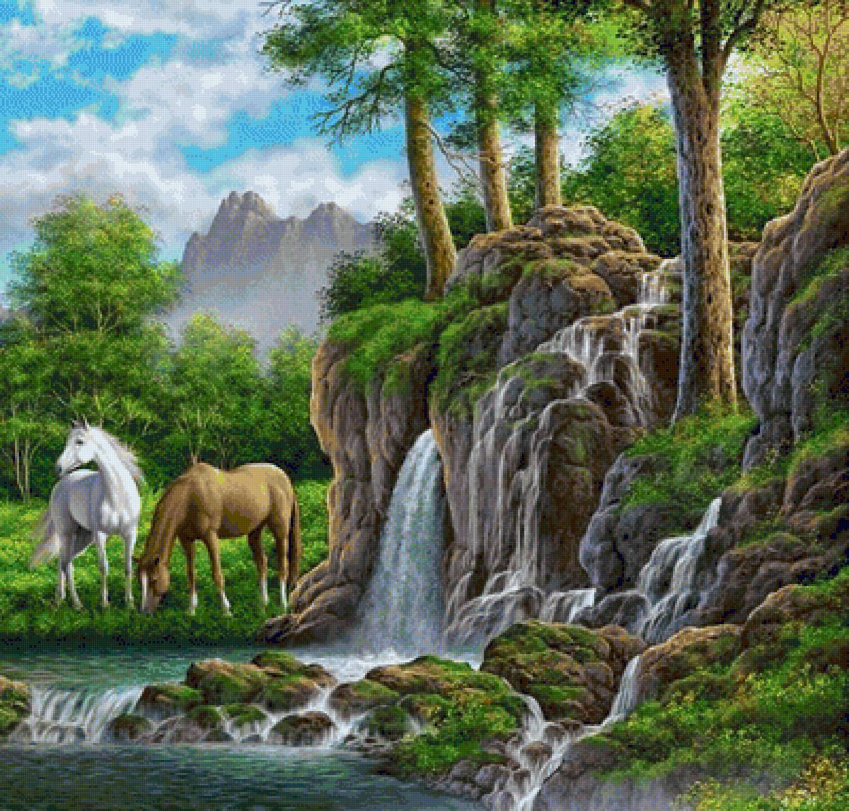 №1949511 - природа, водопад, животные, горы, лошади - предпросмотр