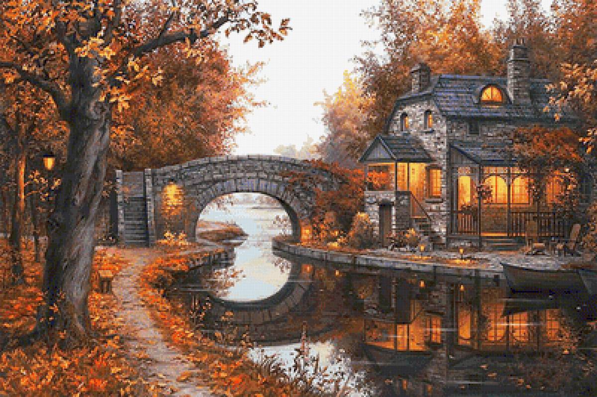 Осенний вечер - мост, вечер, дом, пейзаж - предпросмотр