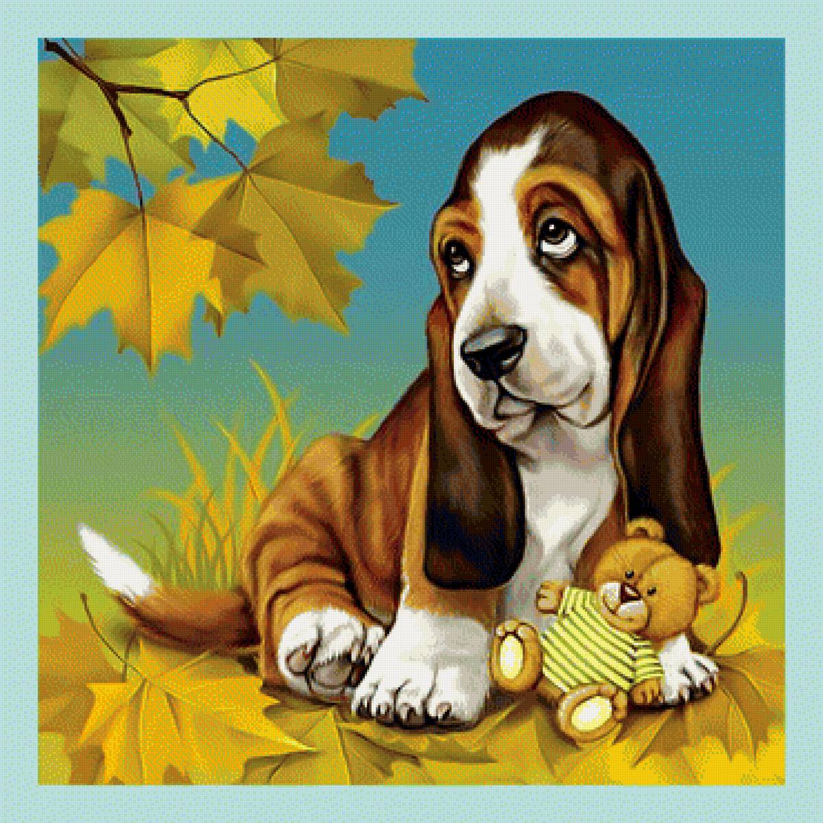 Щенок с игрушкой. - листья, осень, собака, игрушка., щенок - предпросмотр