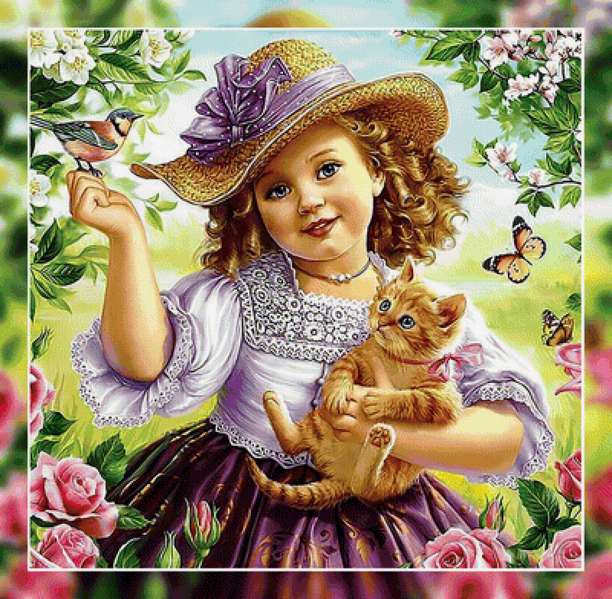 Девочка с котиком. - рыжий, цветы., девочка, котенок, бабочки - предпросмотр