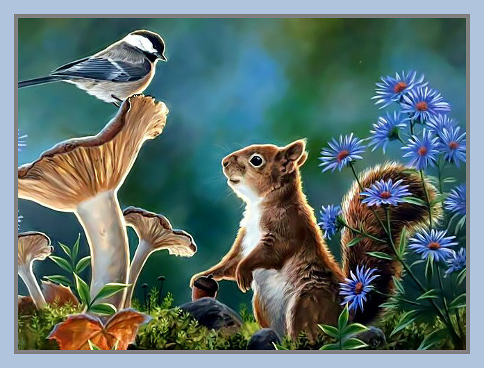 Белочка и синица. - птица, лес., грибы, цветы, синица, белка - оригинал