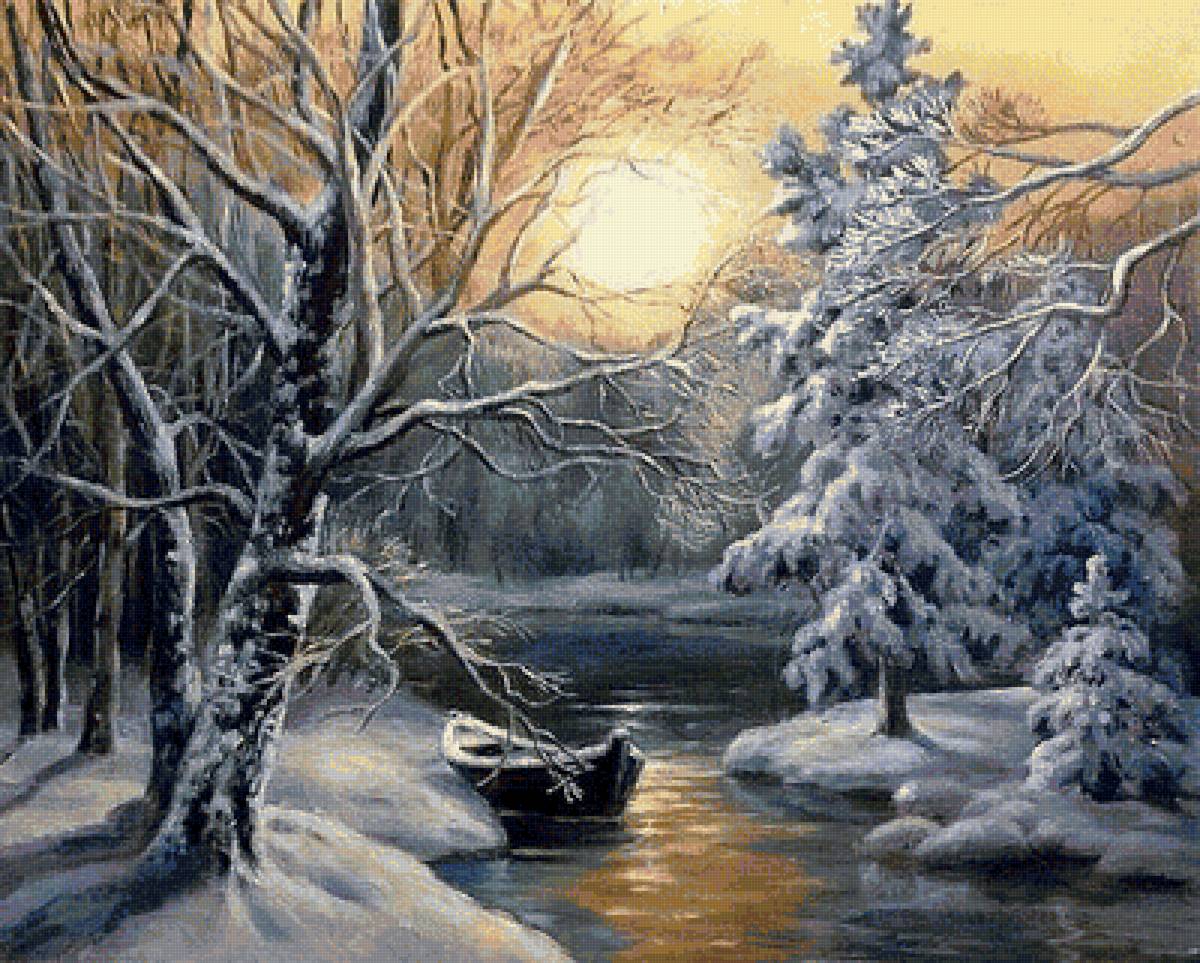 пейзаж - зима.река.солнце.лодка. - предпросмотр