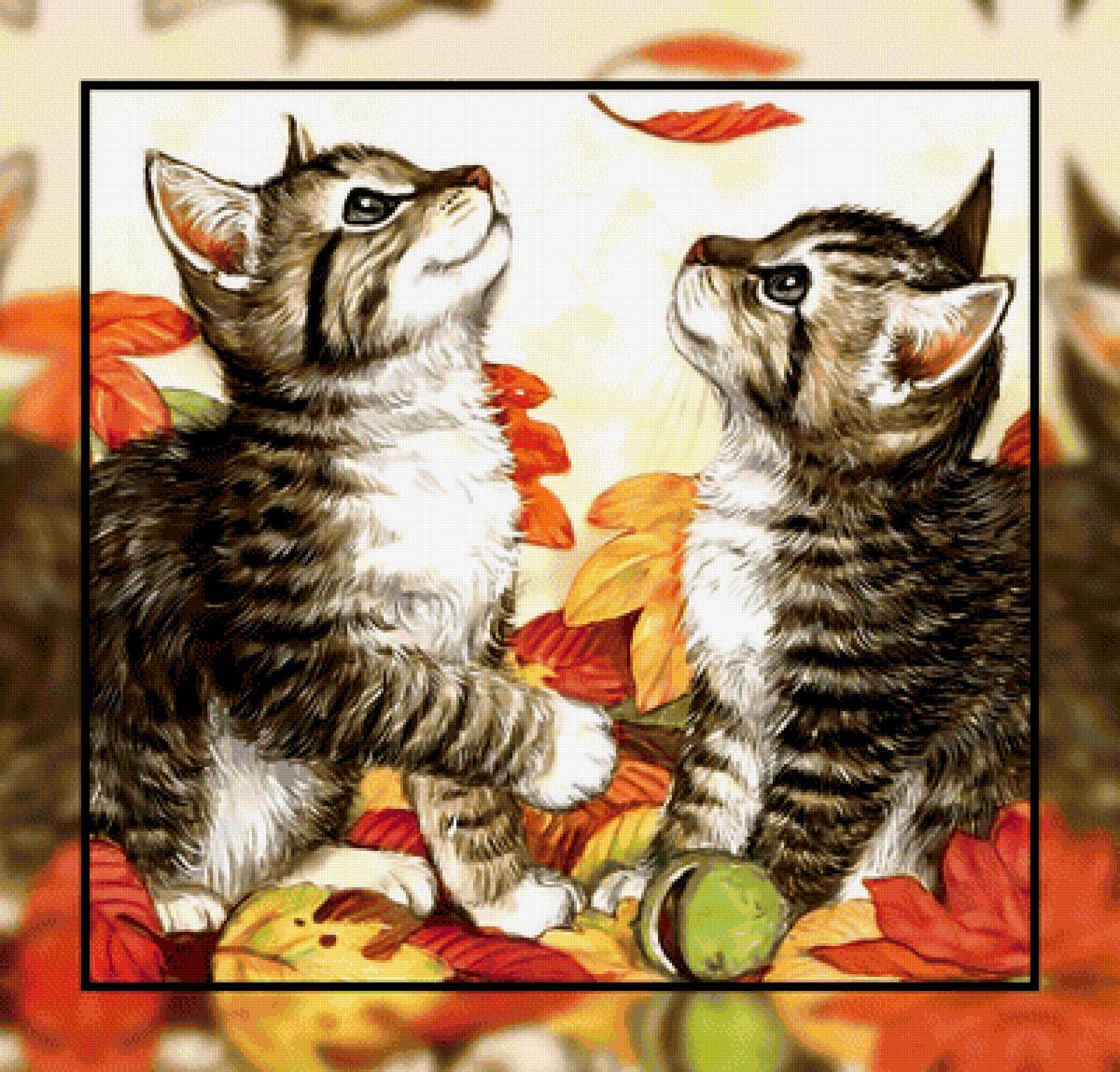 Котики и листопад. - осень., листопад, котята, кошки - предпросмотр