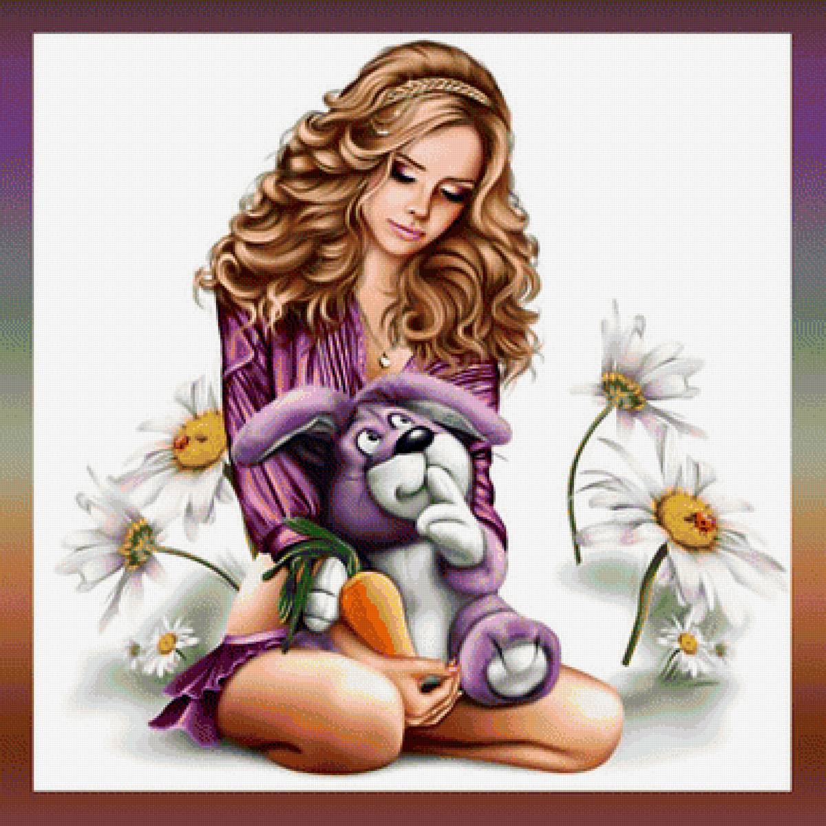 Девушка с игрушкой. - девушка, игрушка, ромашки. - предпросмотр