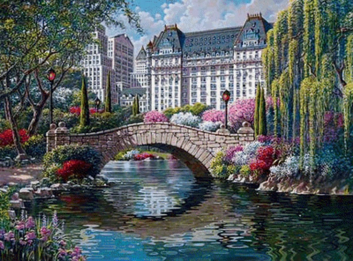 Городской пейзаж - река, мост, город, дома - предпросмотр