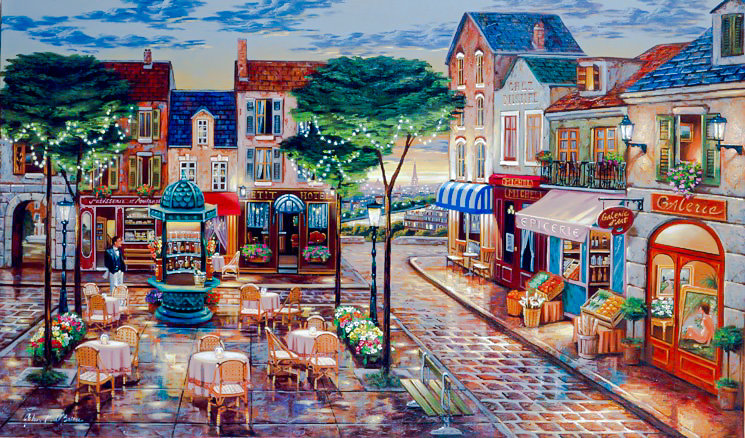 Evening on the Square. - john p. o'brien paintings. scenarys.people.flowers and gardens. - оригинал
