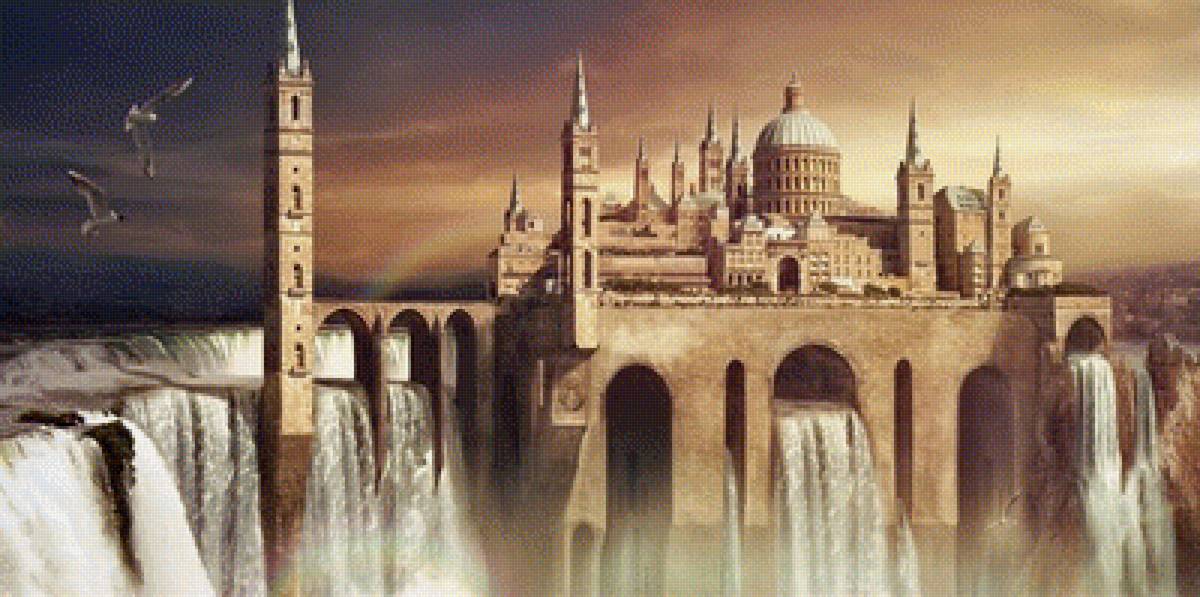 Замок на воде - водопад, фэнтези, замок - предпросмотр