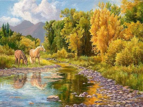 пейзаж - осень.речка.лошади. - оригинал