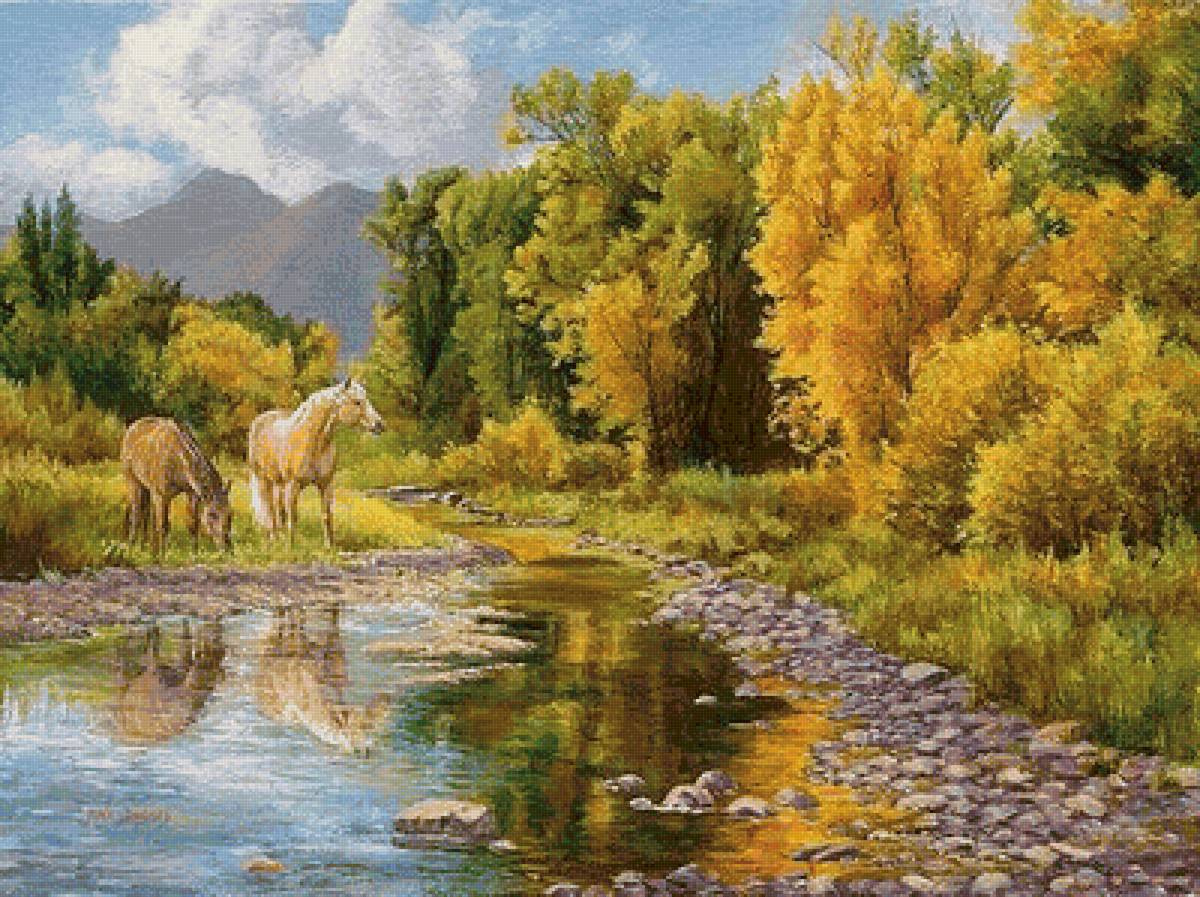 пейзаж - осень.речка.лошади. - предпросмотр