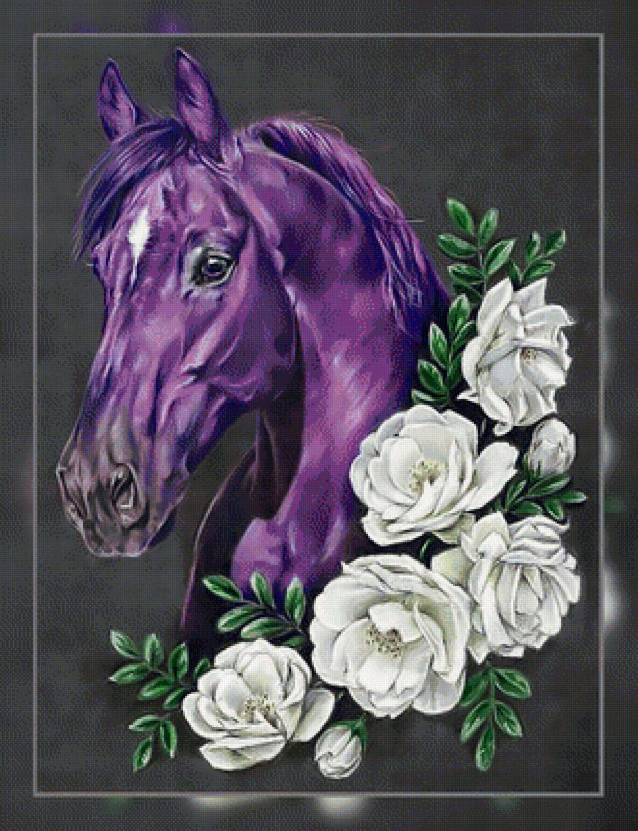 Черничный конь и белые розы. - белые., розы, конь - предпросмотр