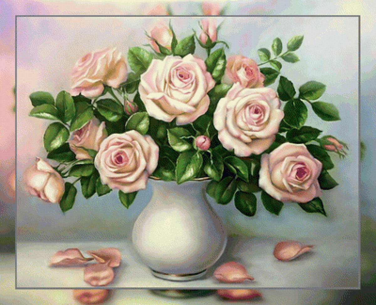Нежные розы. - розы, живопись., букет, картина, ваза - предпросмотр