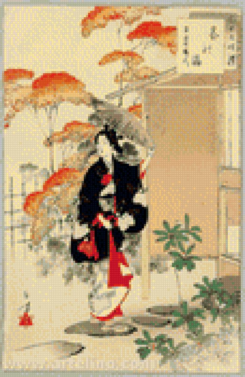 Старинная японская картинка - японка, япония - предпросмотр