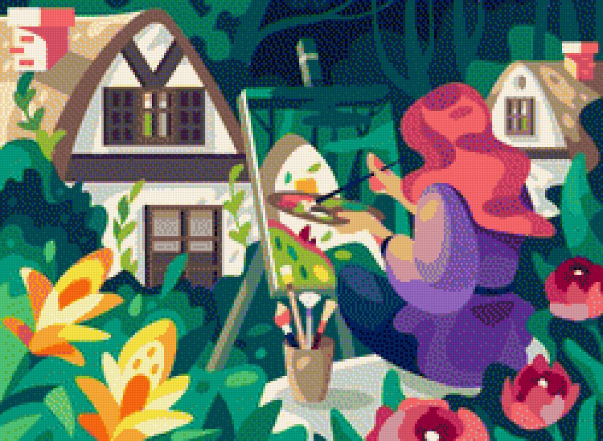 Сельский пейзаж - домик, деревня, девушка, шляпа, село, дом, кисть, пейзаж - предпросмотр