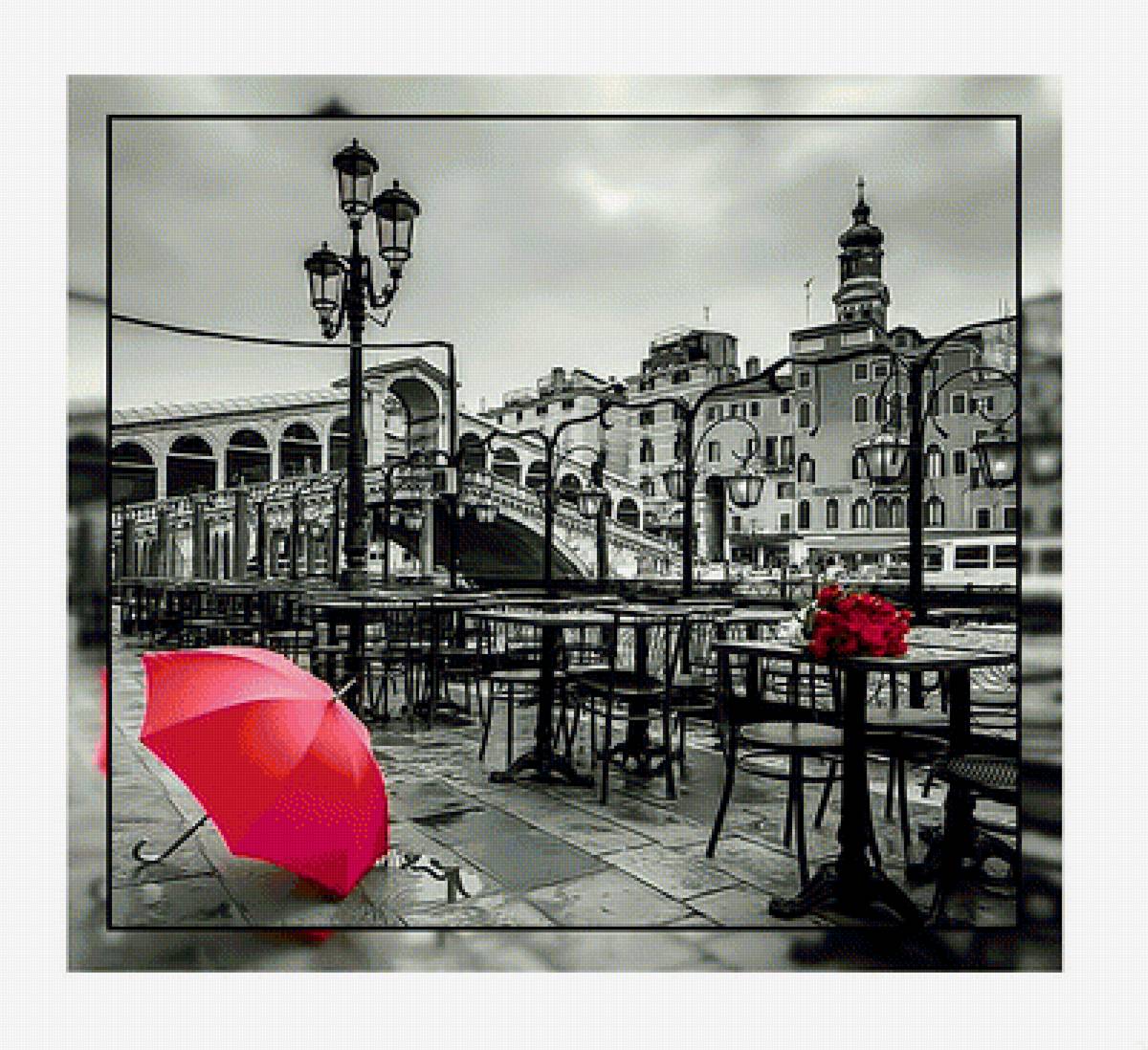 Городской пейзаж2. - красный., зонт, розы, река, мост, город - предпросмотр