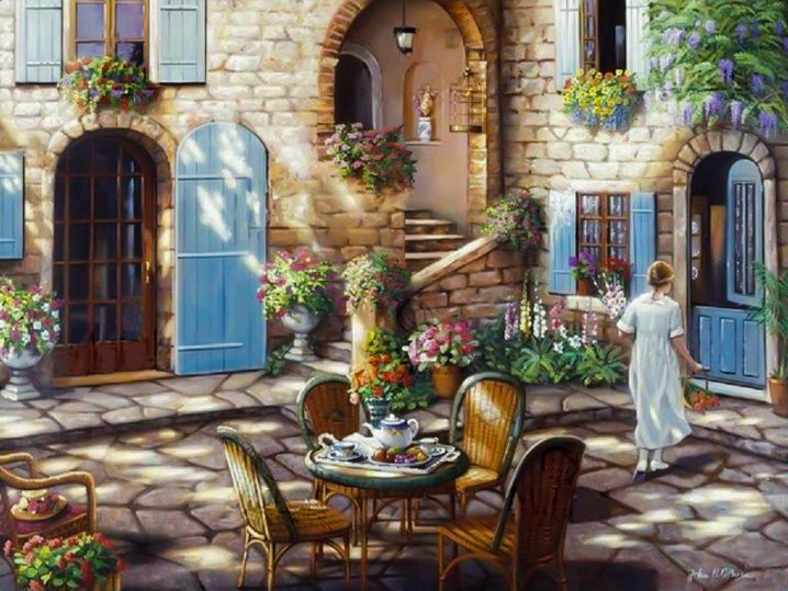 Tea Time at The Courtyard. - john p. o'brien paintings. scenarys.flowers and gardens.ladies. - оригинал