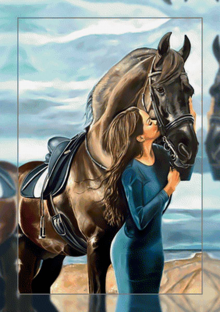 Девушка и конь. - море., девушка, конь, пейзаж - предпросмотр